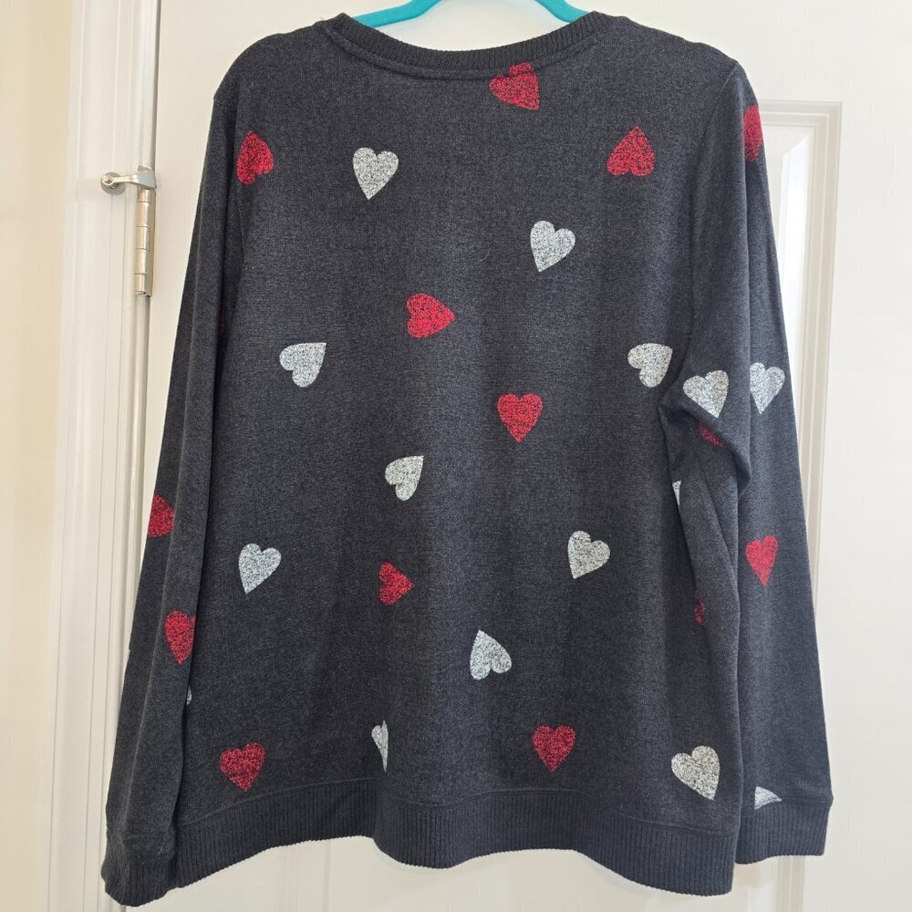 Lucky Brand Cloud Jersey Sweatshirt In Charcoal W/ Red White Hearts - Picture 3 of 8